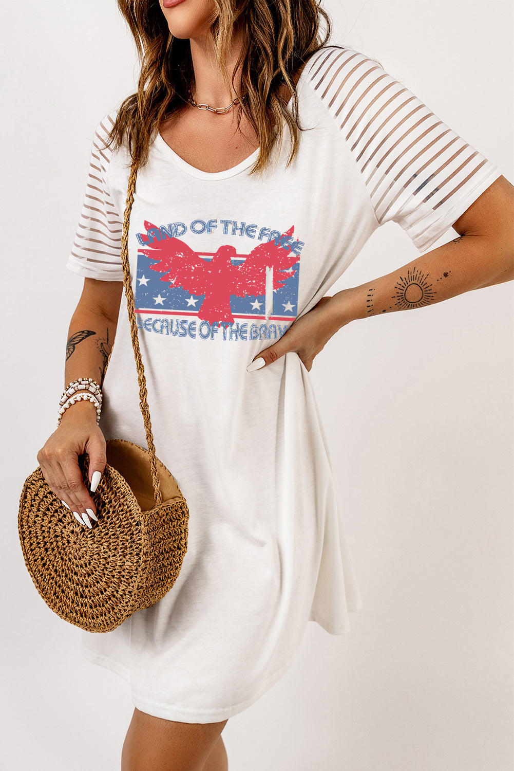 Slogan Graphic Sheer Striped Sleeve Tee Dress