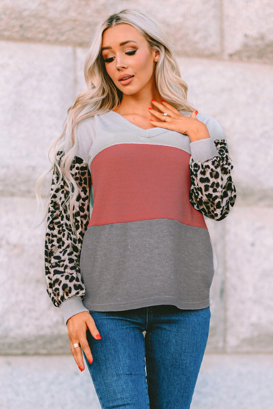 Leopard Color Block V-Neck Top