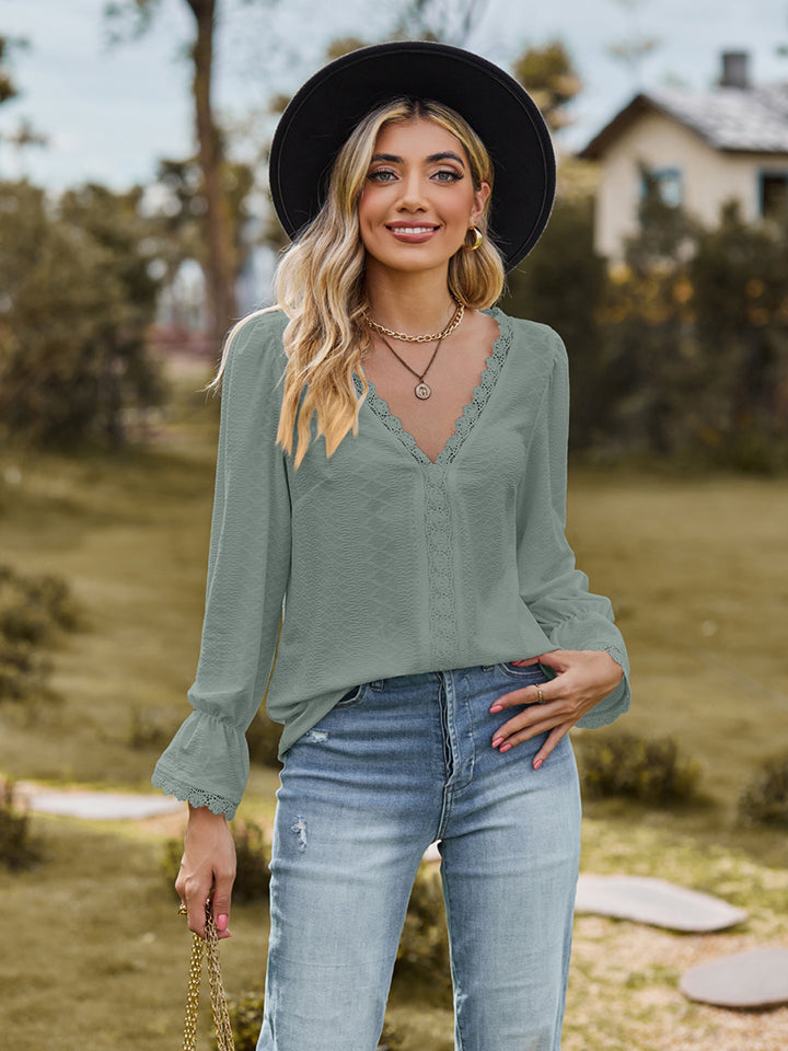 V-Neck Flounce Sleeve Blouse