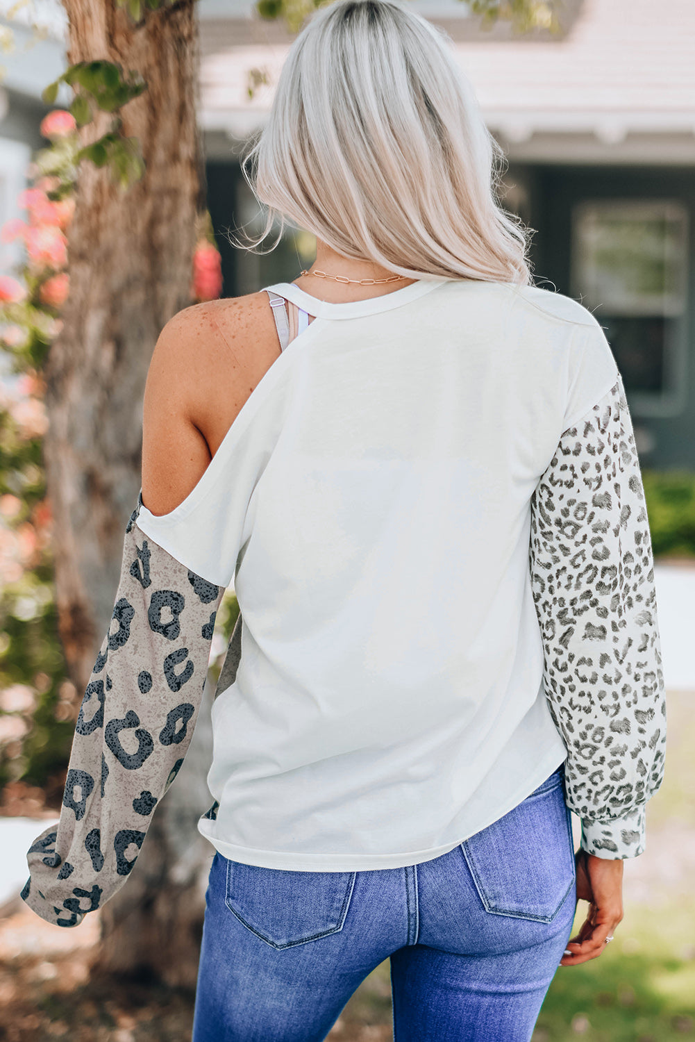 Leopard Color Block Round Neck Cold-Shoulder Top