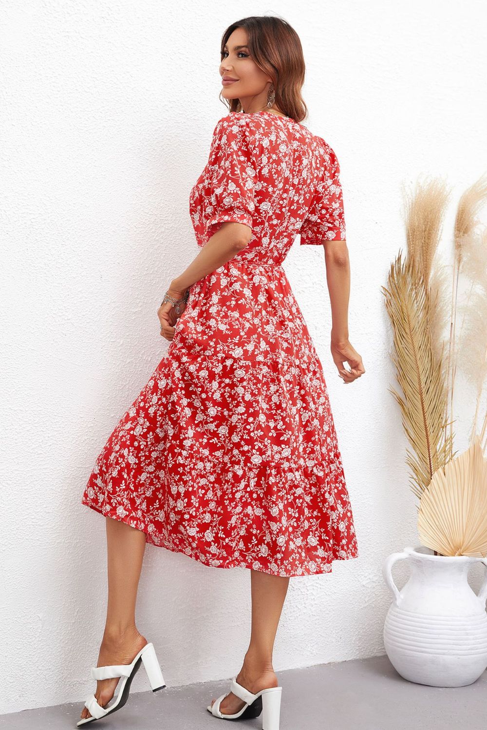 Floral Tie Waist Puff Sleeve Midi Dress