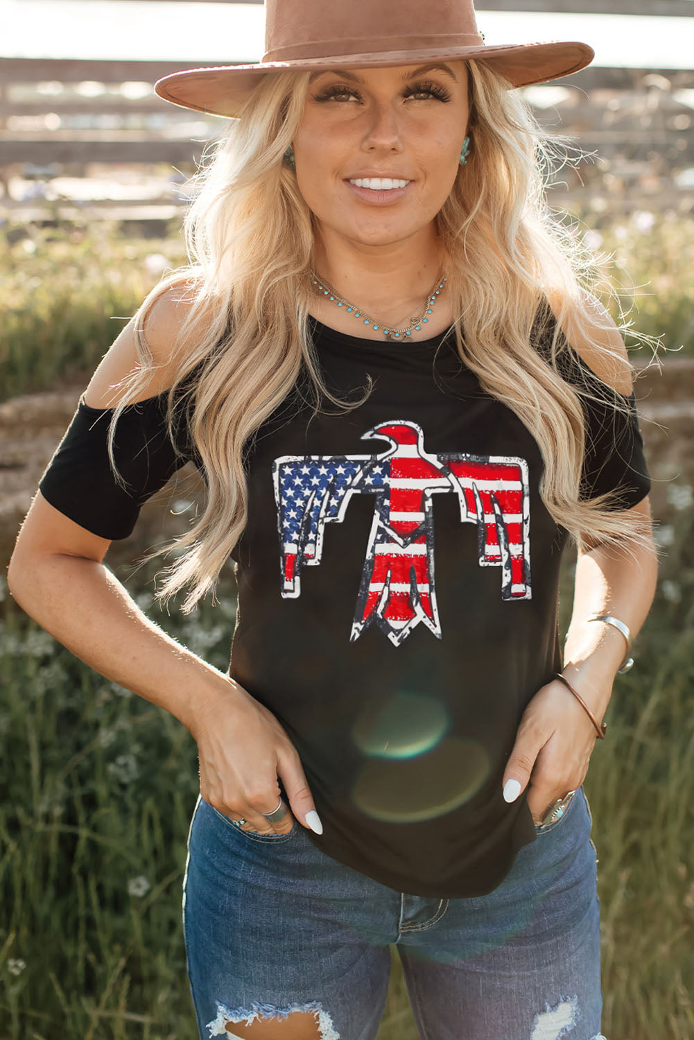 US Flag Bird Graphic Cold-Shoulder Tee