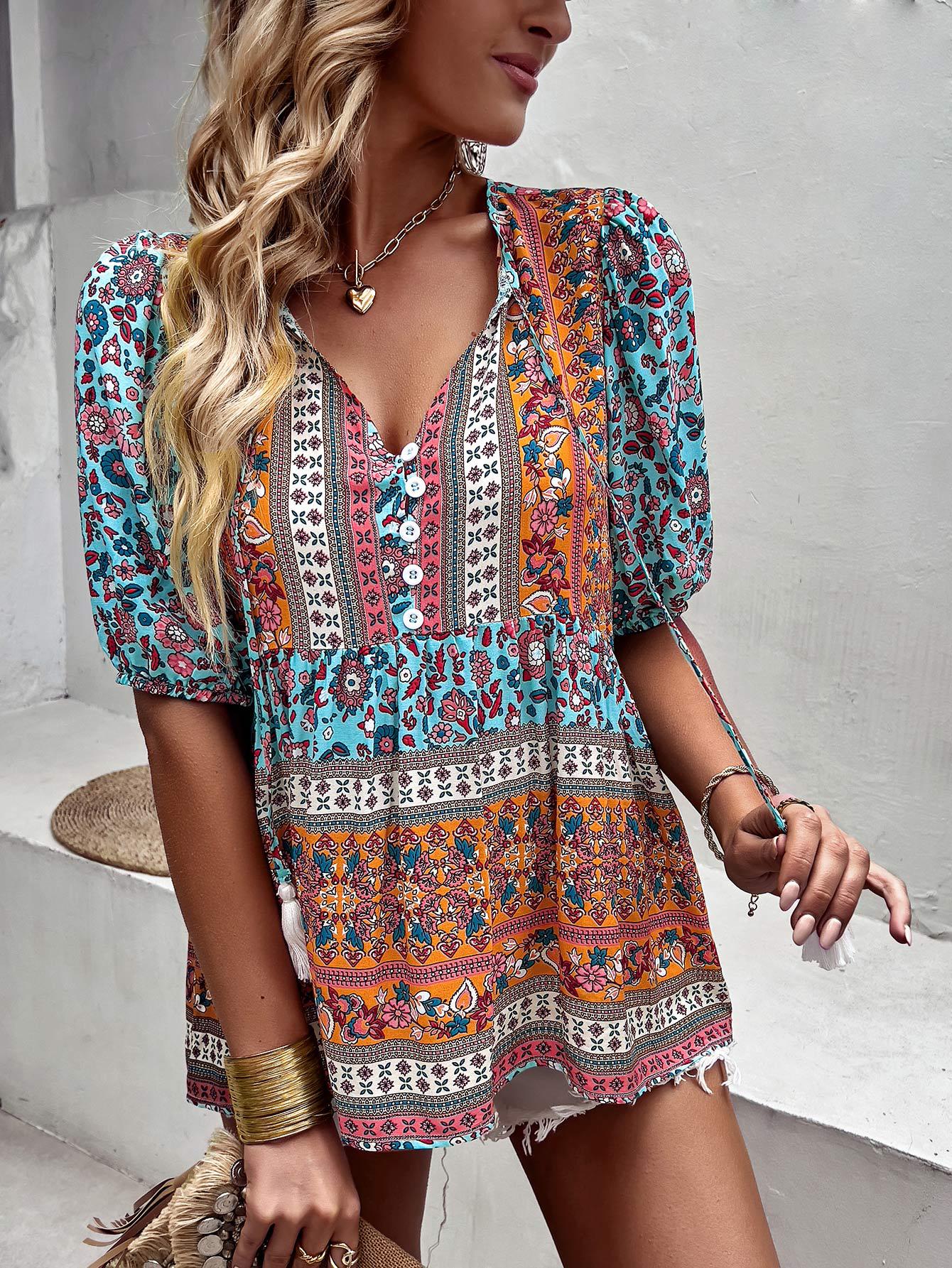 Bohemian Tassel Tie Puff Sleeve Babydoll Blouse