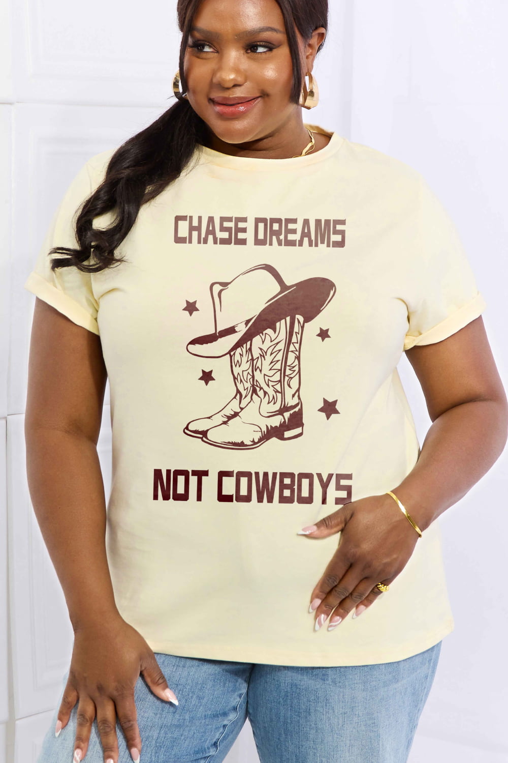 Simply Love Simply Love Full Size CHASE DREAMS NOT COWBOYS Graphic Cotton Tee