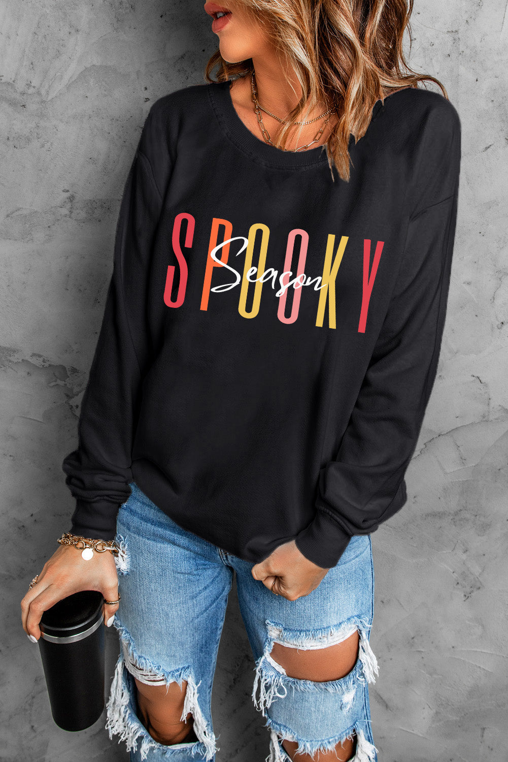 Round Neck Long Sleeve SPOOKY SEASON Graphic Sweatshirt