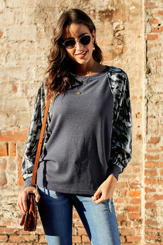 Camouflage Boat Neck Raglan Sleeve Top