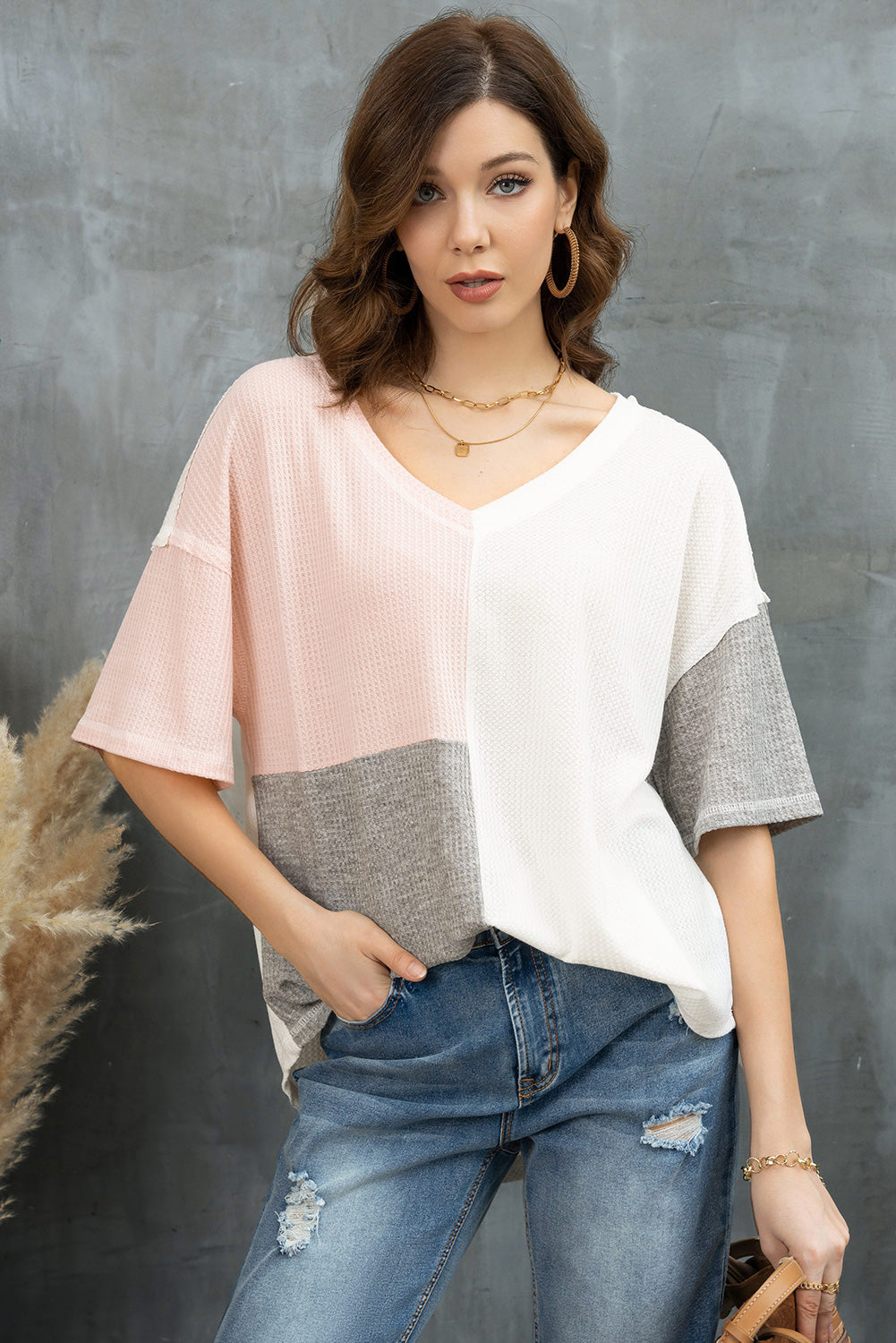 Color Block V-Neck Waffle-Knit Blouse