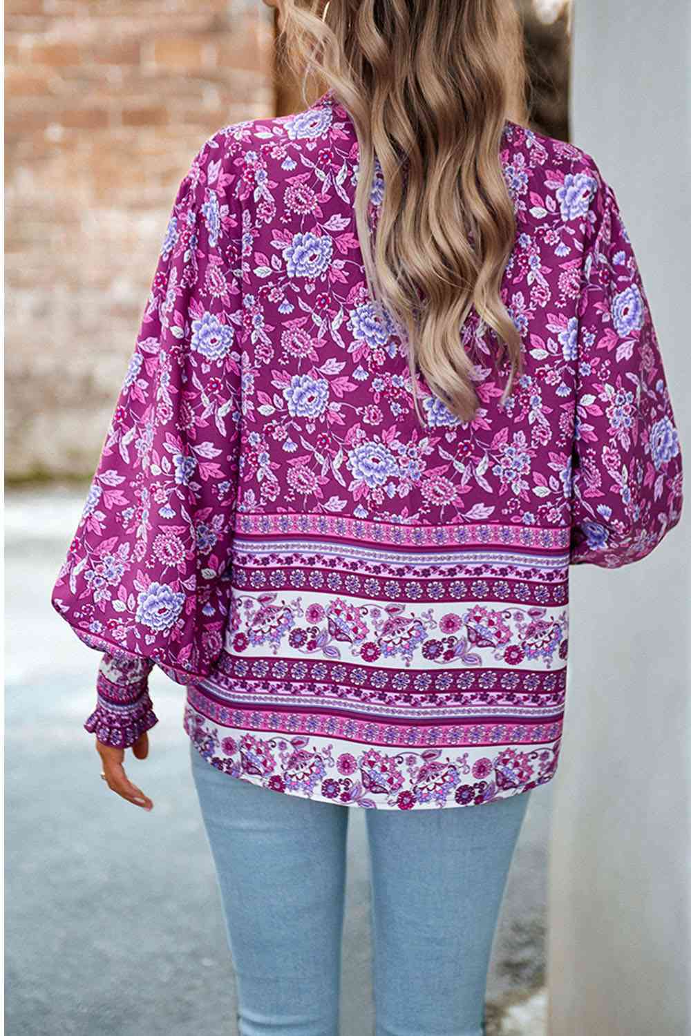 Printed Collared Neck Smocked Lantern Sleeve Shirt