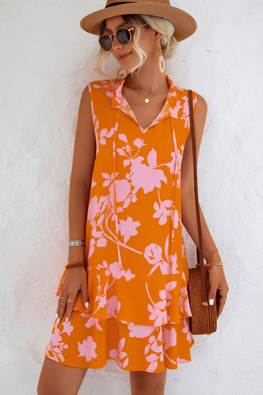 Floral Tie Neck Sleeveless Layered Dress