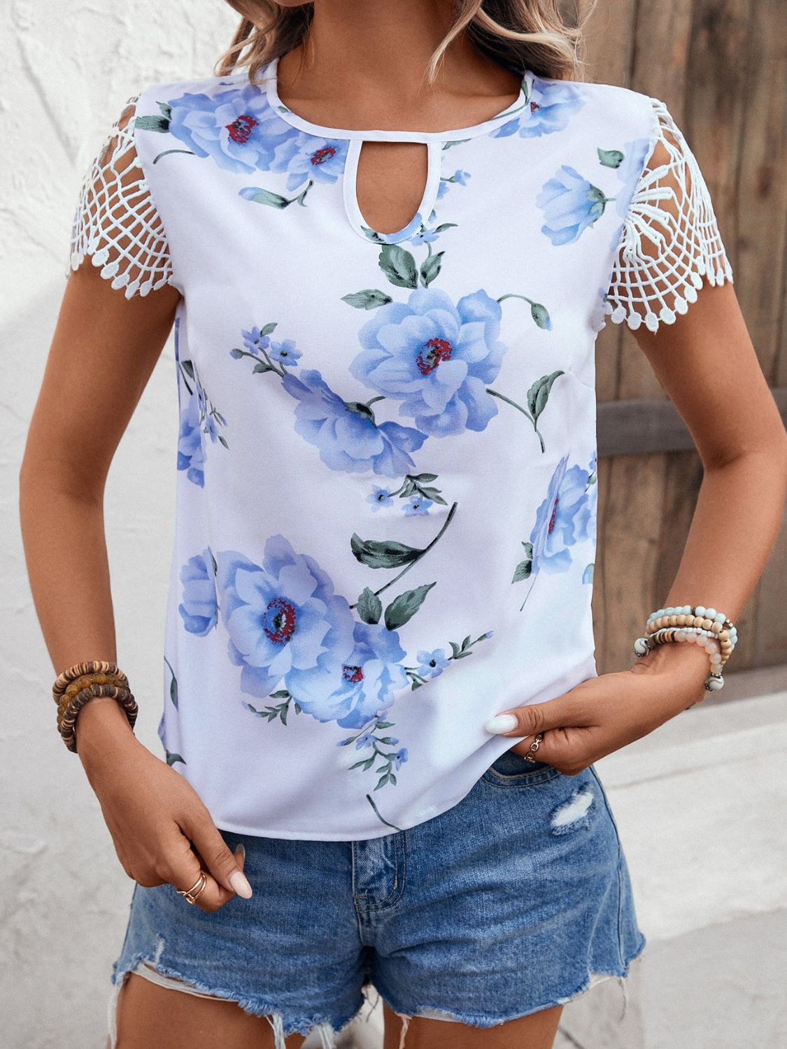 Floral Cutout Round Neck Blouse