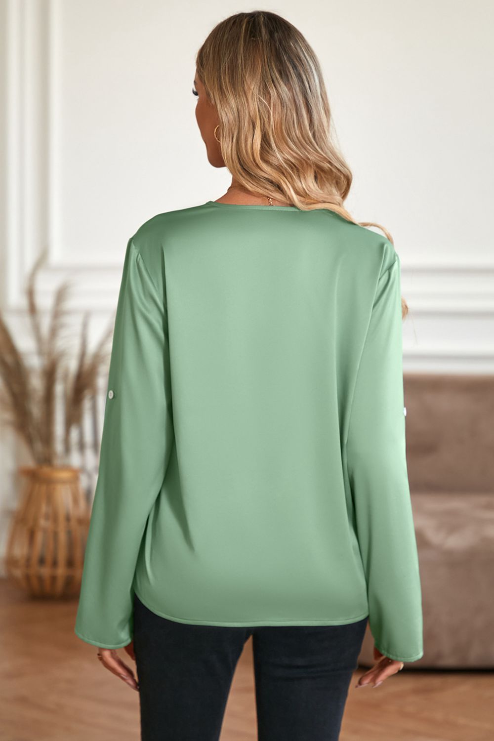 Roll-Tab Sleeve Collared Neck Blouse