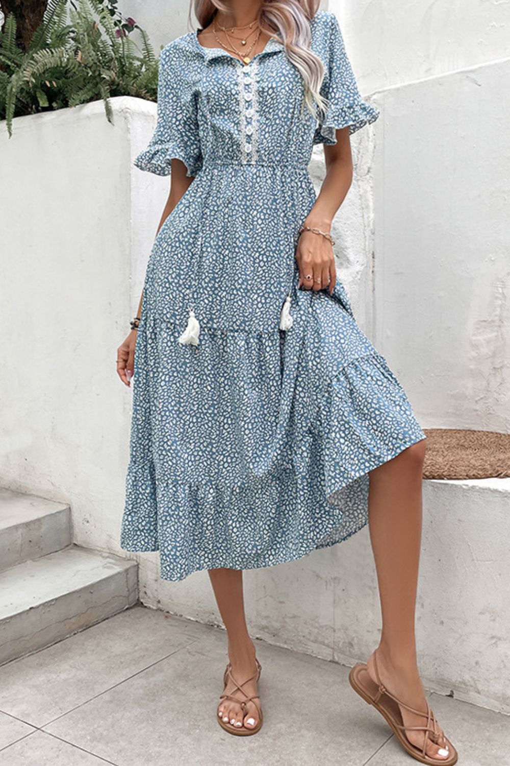 Printed Tassel Tie Flounce Sleeve Dress