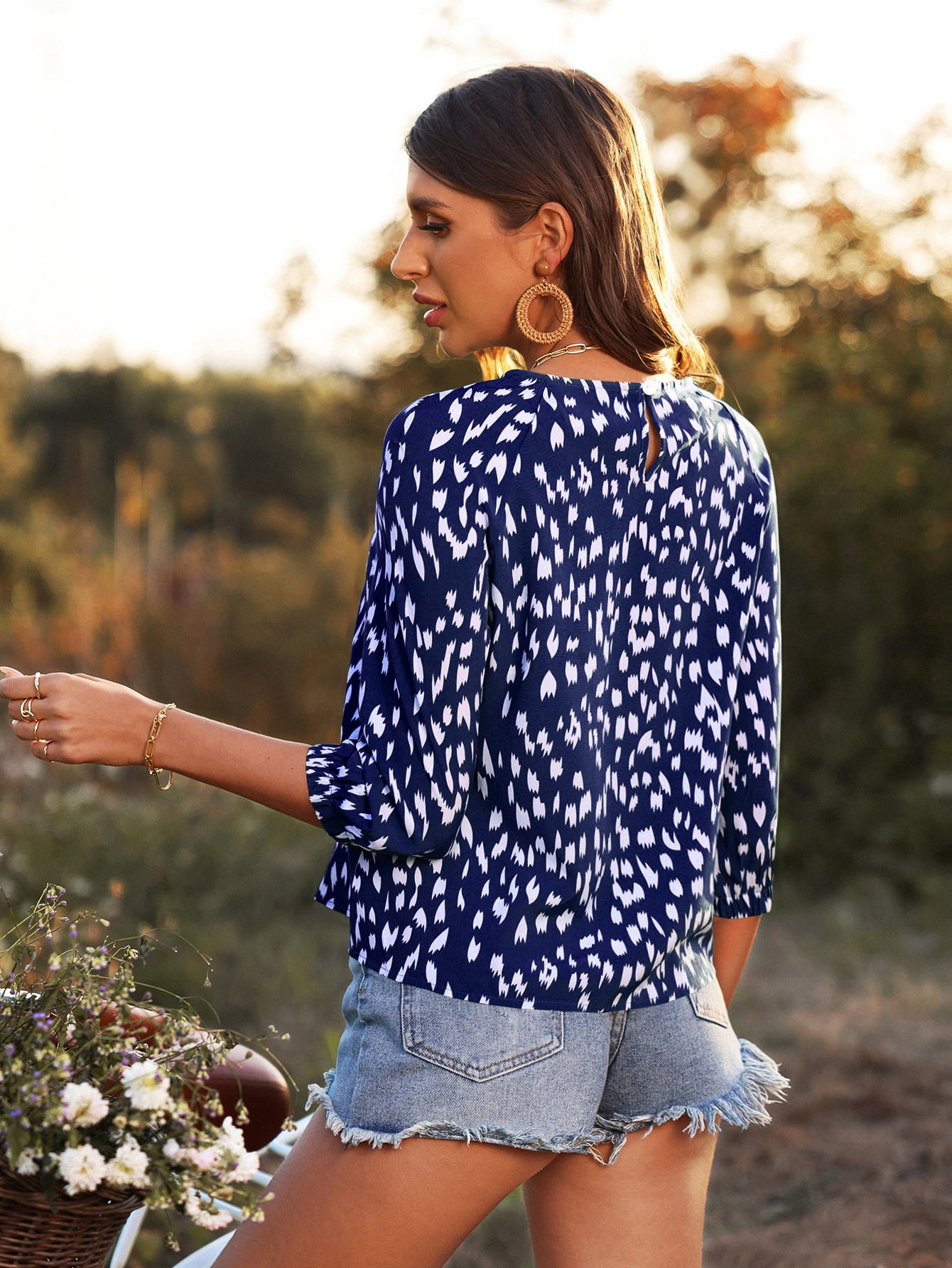 Printed Round Neck Three-Quarter Sleeve Blouse