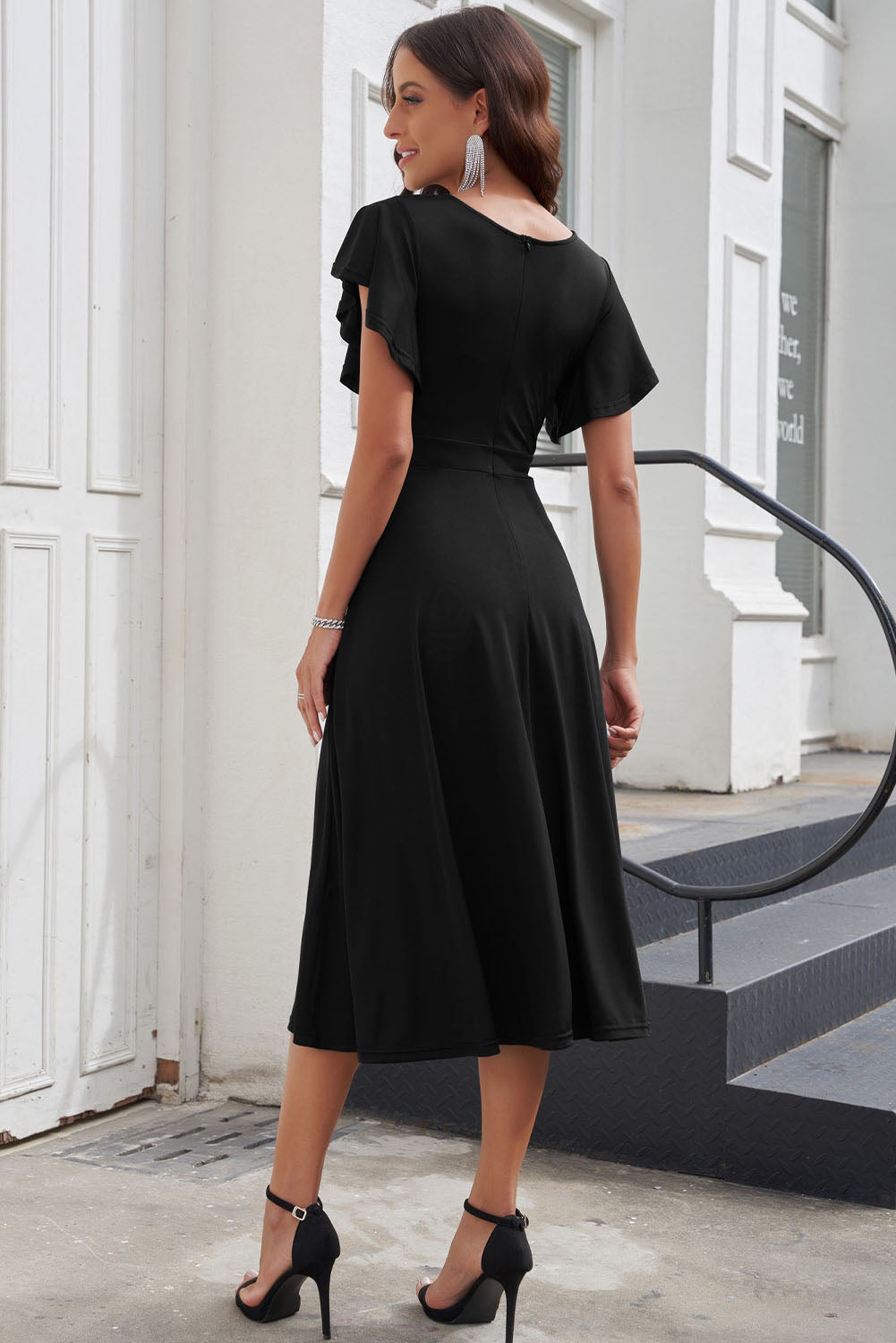 Flutter Sleeve Surplice Midi Dress