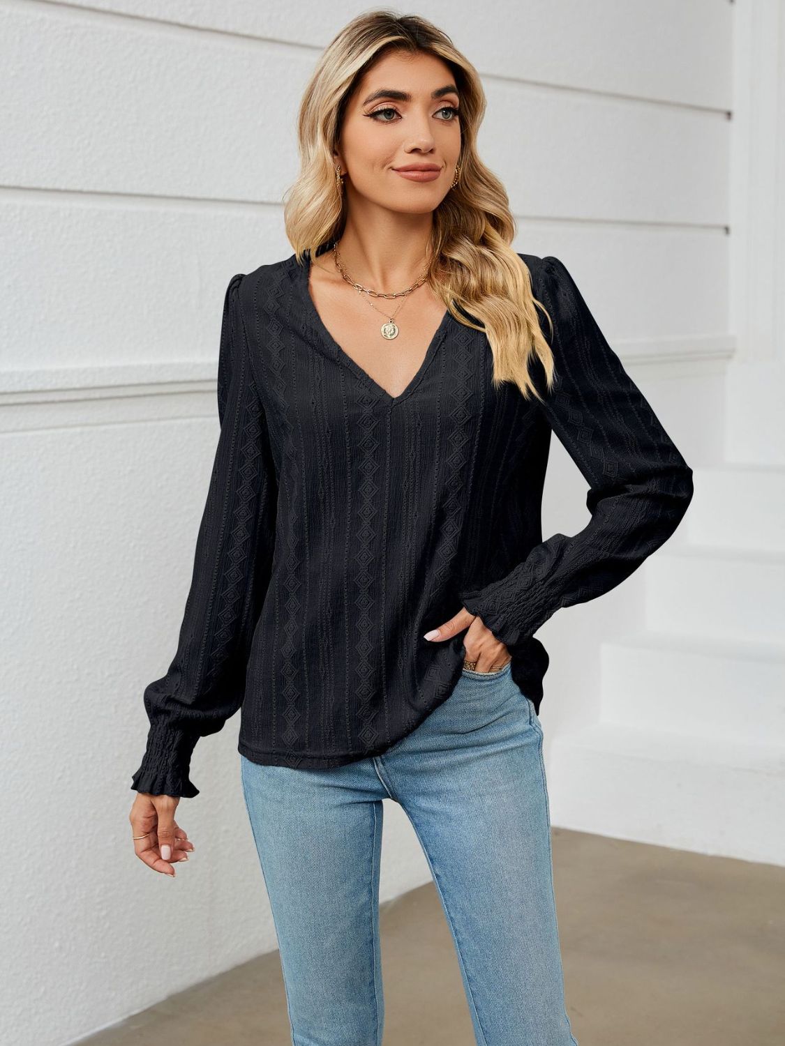 V-Neck Puff Sleeve Blouse