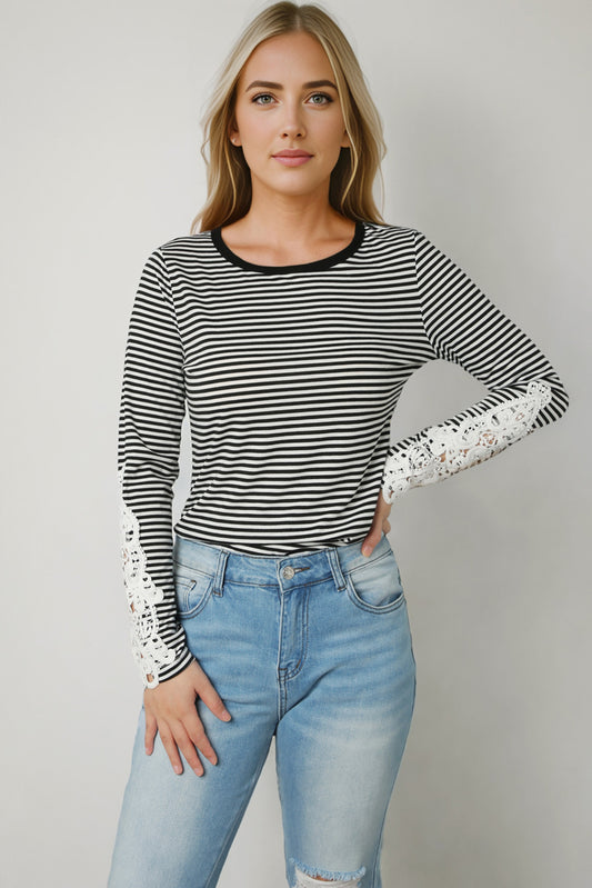 Striped Round Neck Long Sleeve Lace Trim T-Shirt