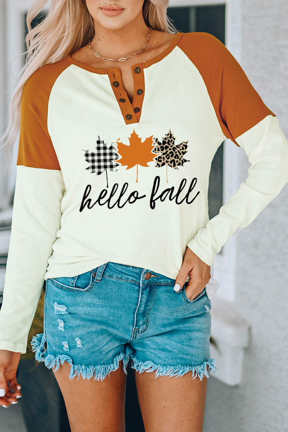 Simply Love HELLO FALL Graphic Raglan Sleeve Henley Top