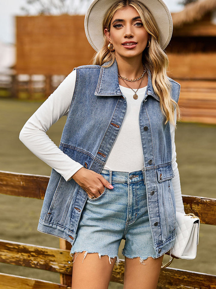 Sleeveless Denim Jacket with Pockets