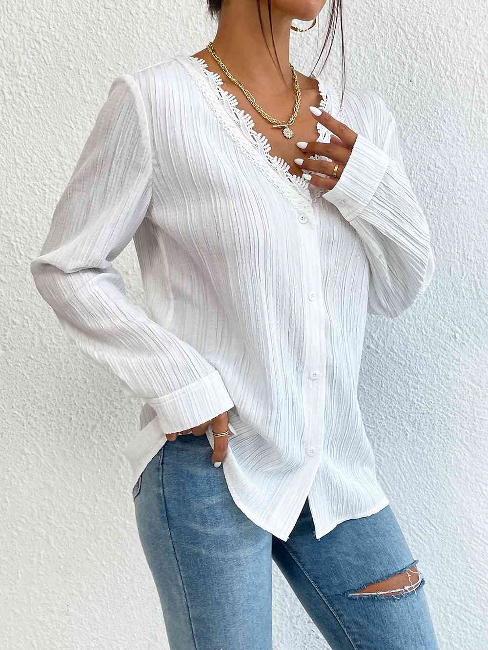 Lace Trim V-Neck Long Sleeve Shirt