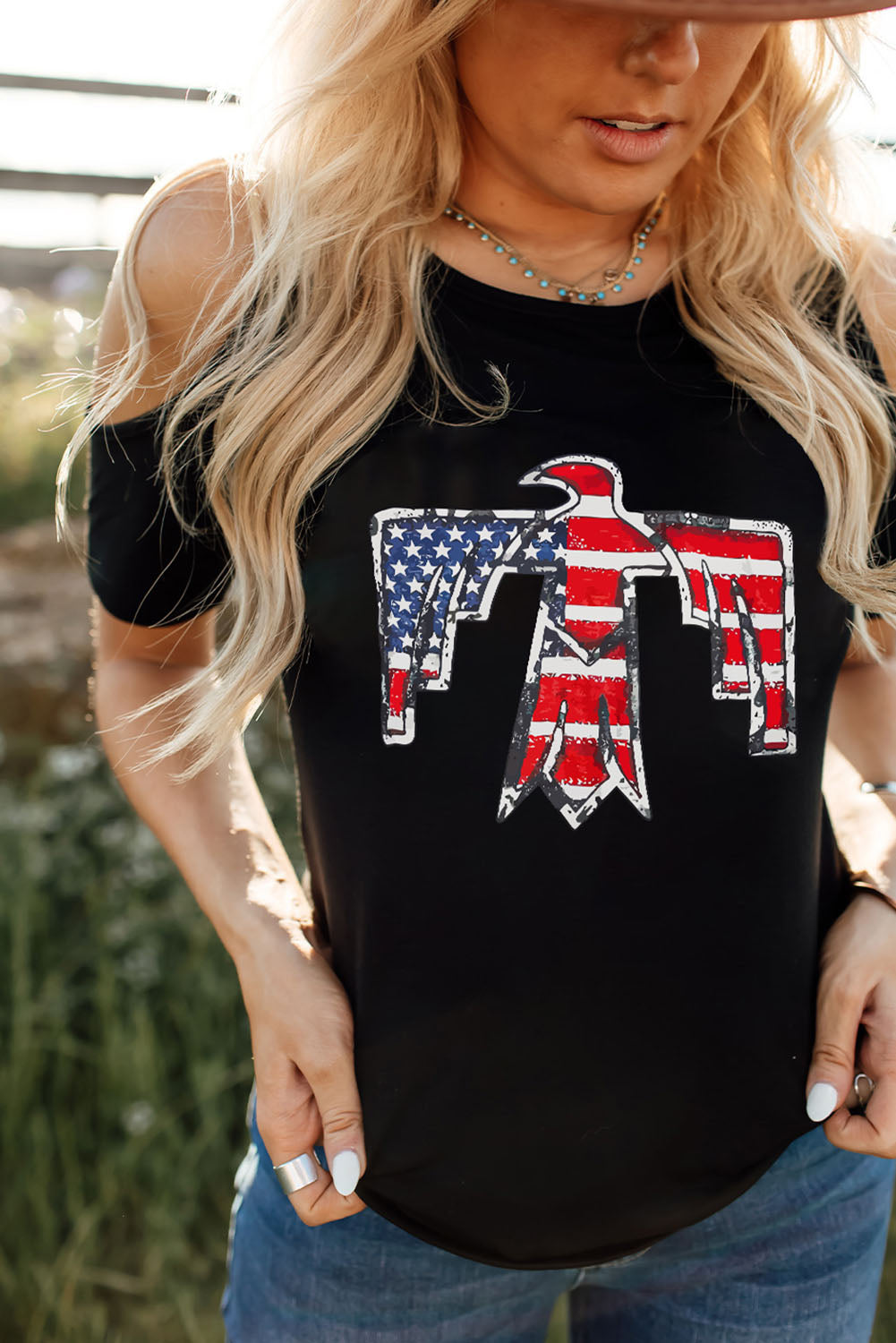 US Flag Bird Graphic Cold-Shoulder Tee