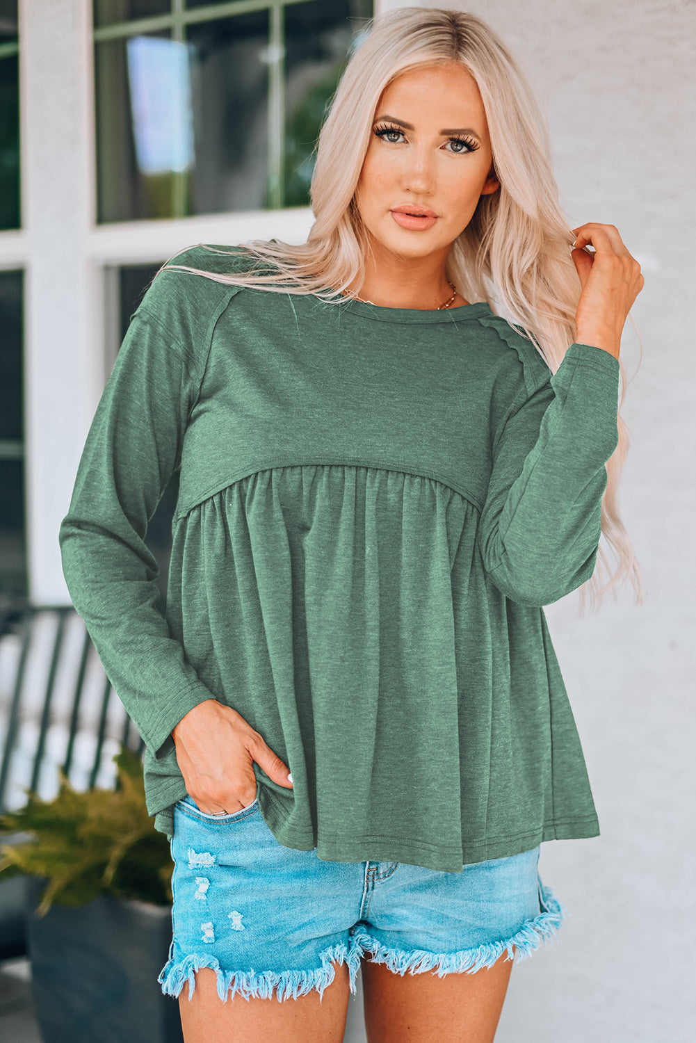 Round Neck Raglan Sleeve Babydoll Top