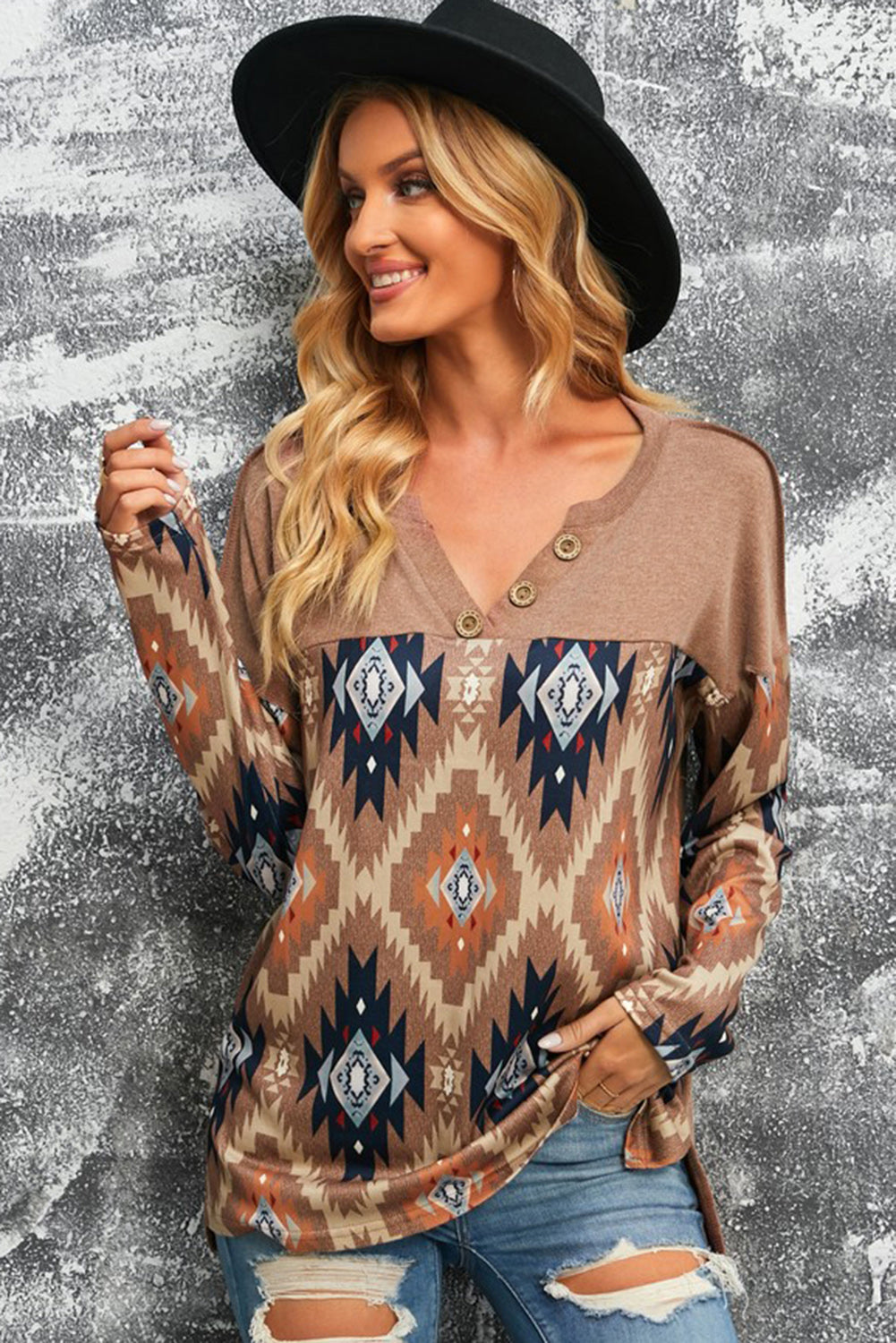 Brown Western Print Buttoned V Neck Top