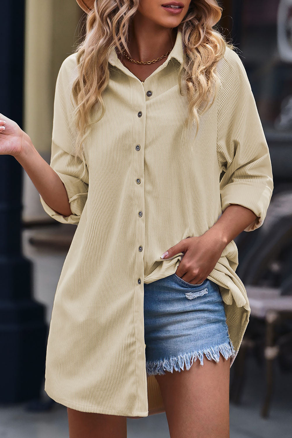 Button Front Curved Hem Raglan Sleeve Shirt Dress