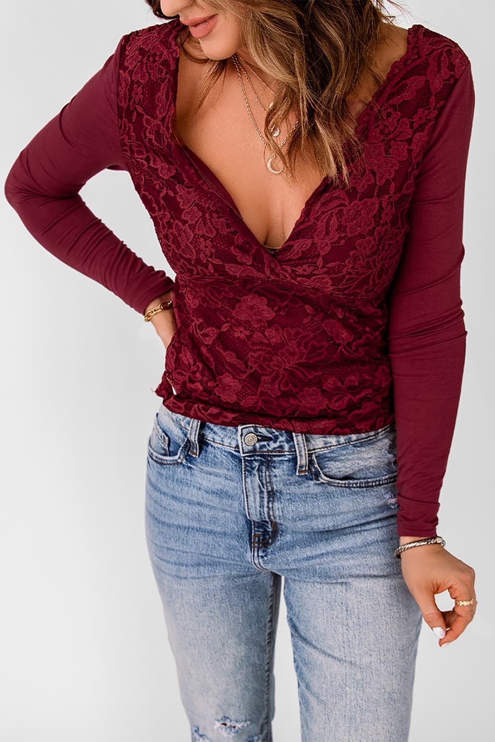 Double Take Lace Long Sleeve Plunge Blouse