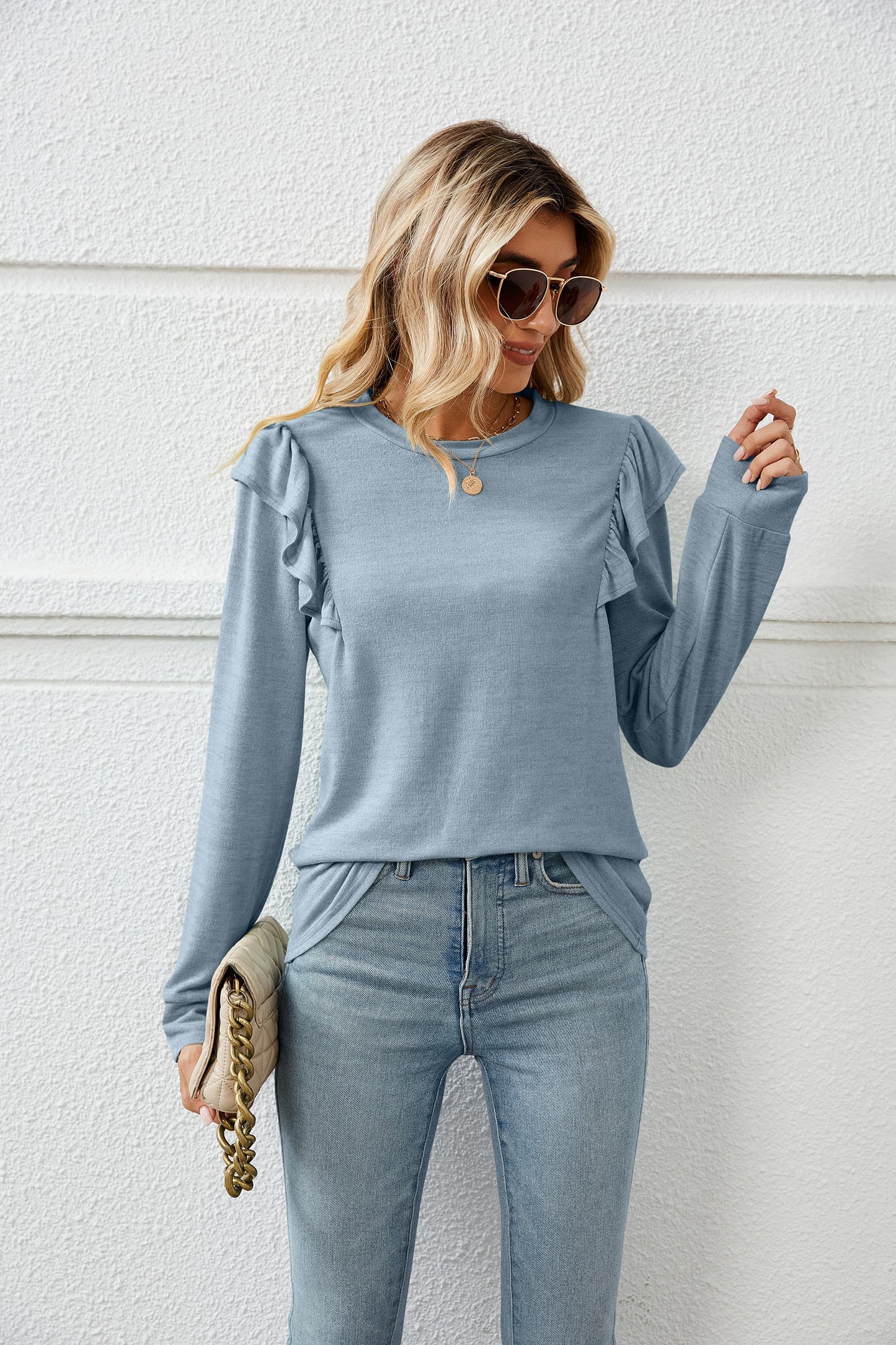 Ruffle Shoulder Long Sleeve T-Shirt