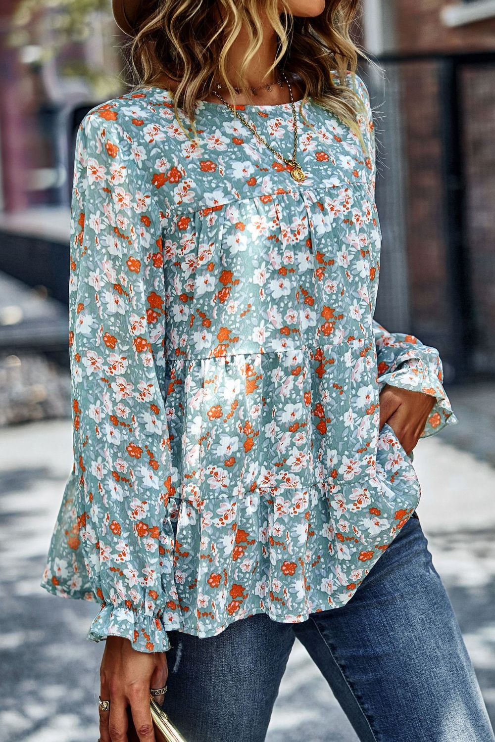 Floral Flounce Sleeve Tiered Blouse