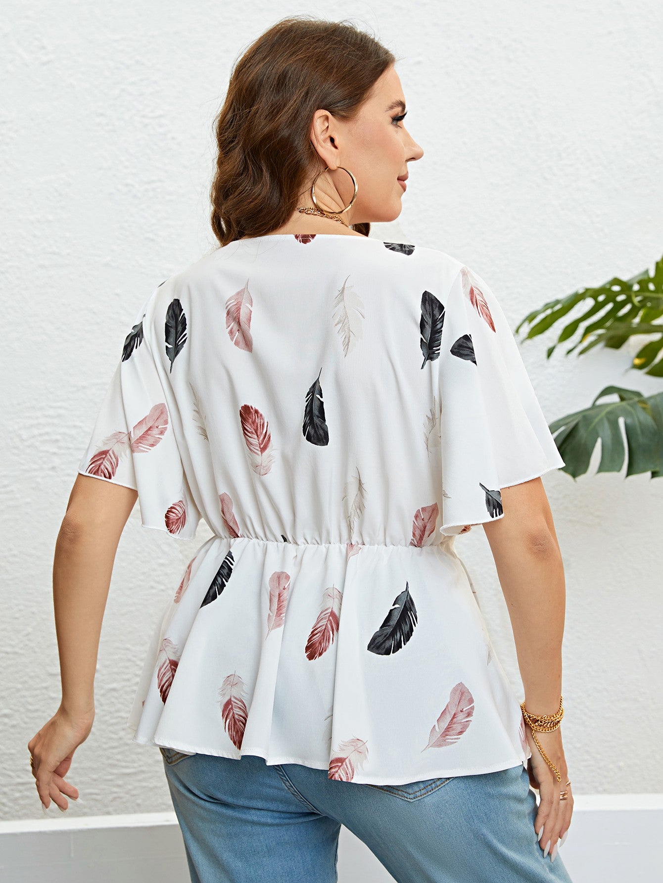 Feather Print Tied Flutter Sleeve Blouse