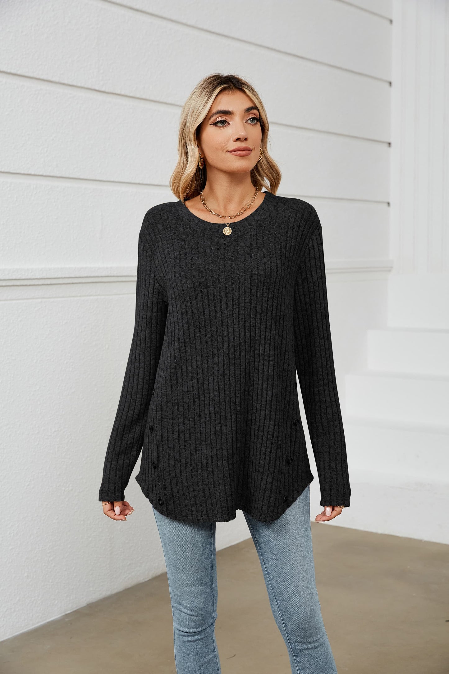 Round Neck Ribbed Long Sleeve T-Shirt