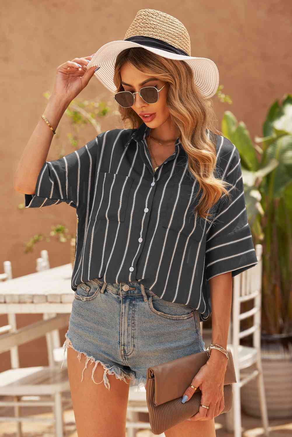 Striped Half Sleeve Collared Shirt