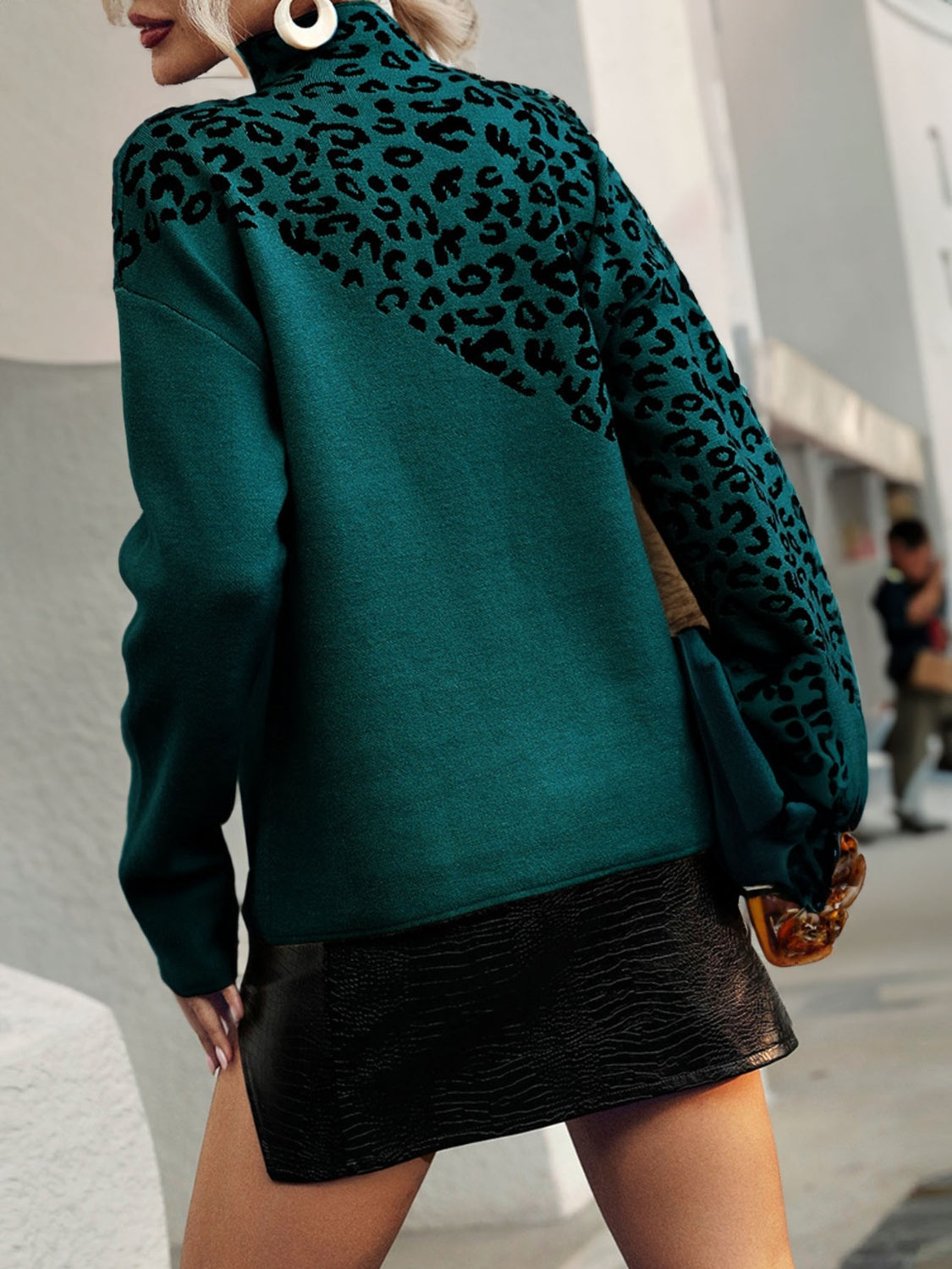 Leopard Mock Neck Dropped Shoulder Sweater