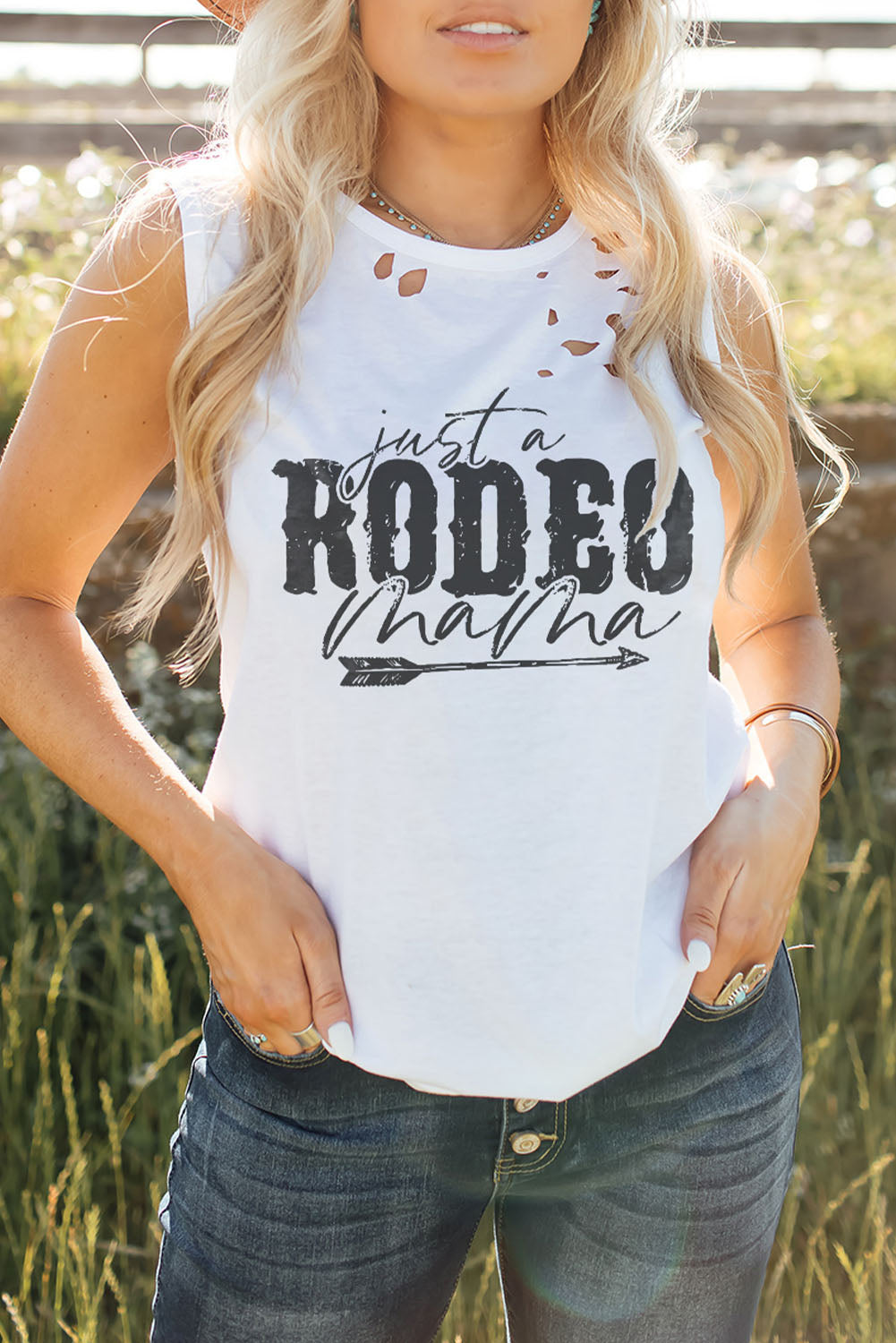 JUST A RODEO MAMA Graphic Distressed Tank