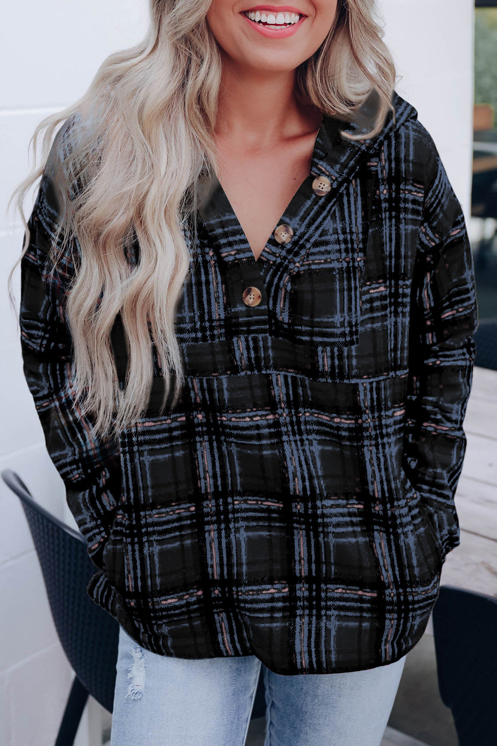 Plaid Long Sleeve Buttoned Hoodie