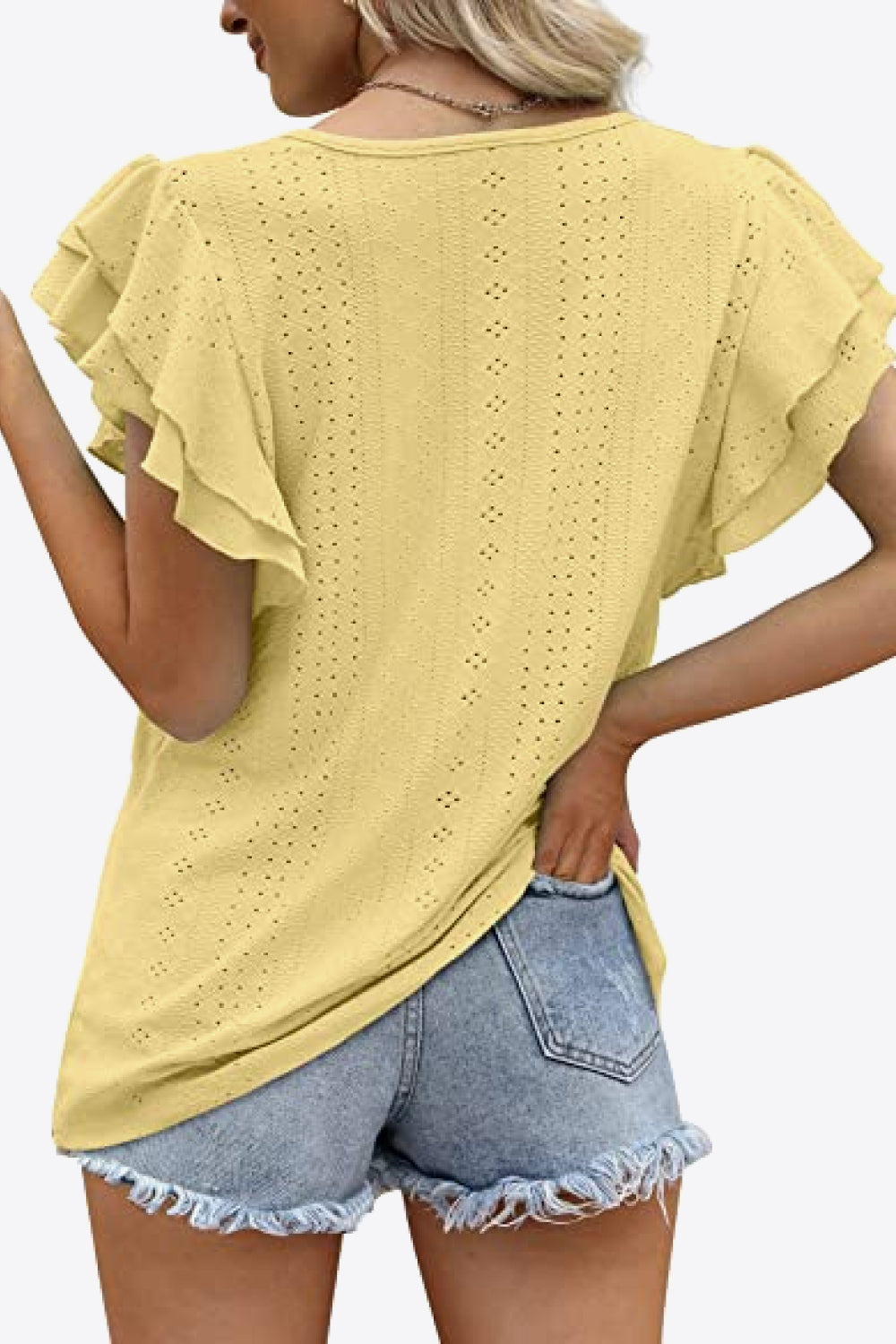 Round Neck Layered Flutter Sleeve Blouse