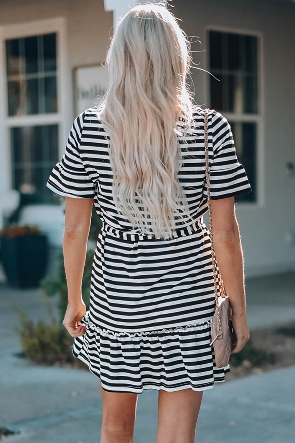 Striped Tie-Waist Frill Trim V-Neck Dress