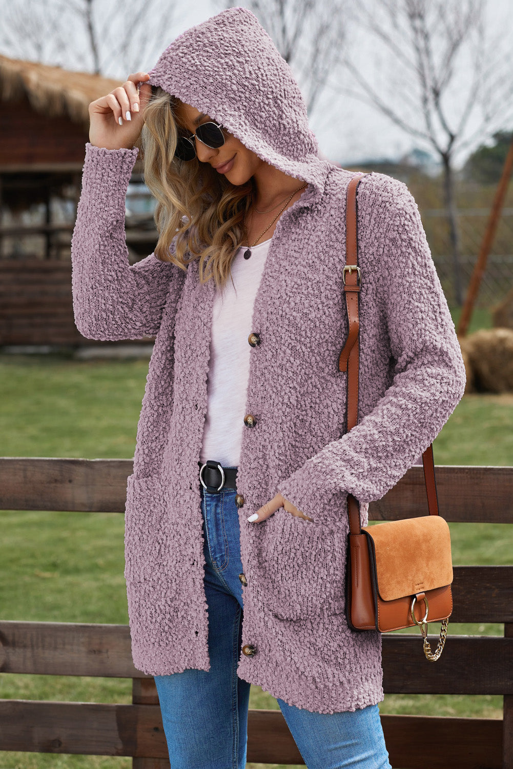 Double Take Popcorn-Knit Long Sleeve Hooded Cardigan