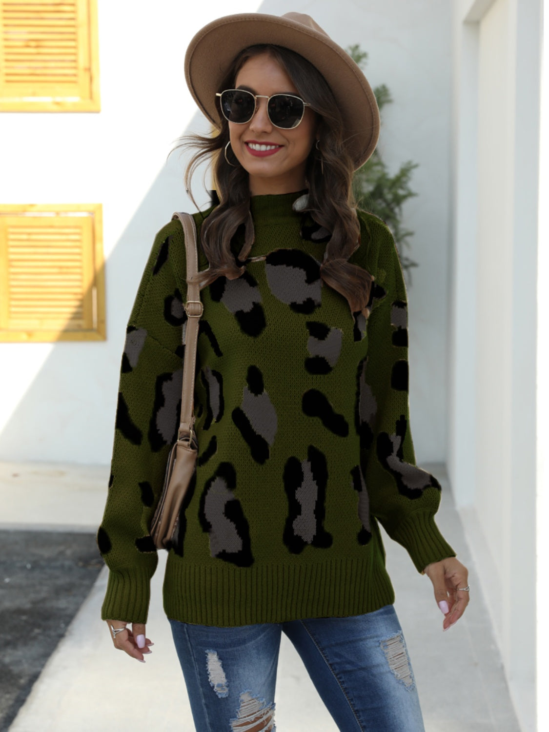 Leopard Mock Neck Dropped Shoulder Sweater