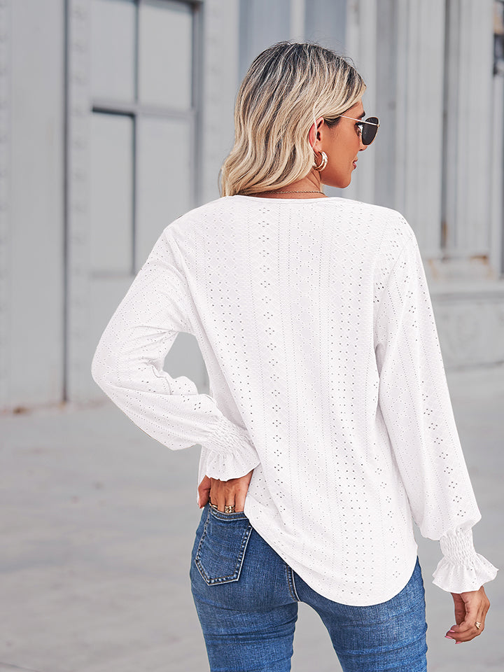 V-Neck Eyelet Flounce Sleeve Blouse