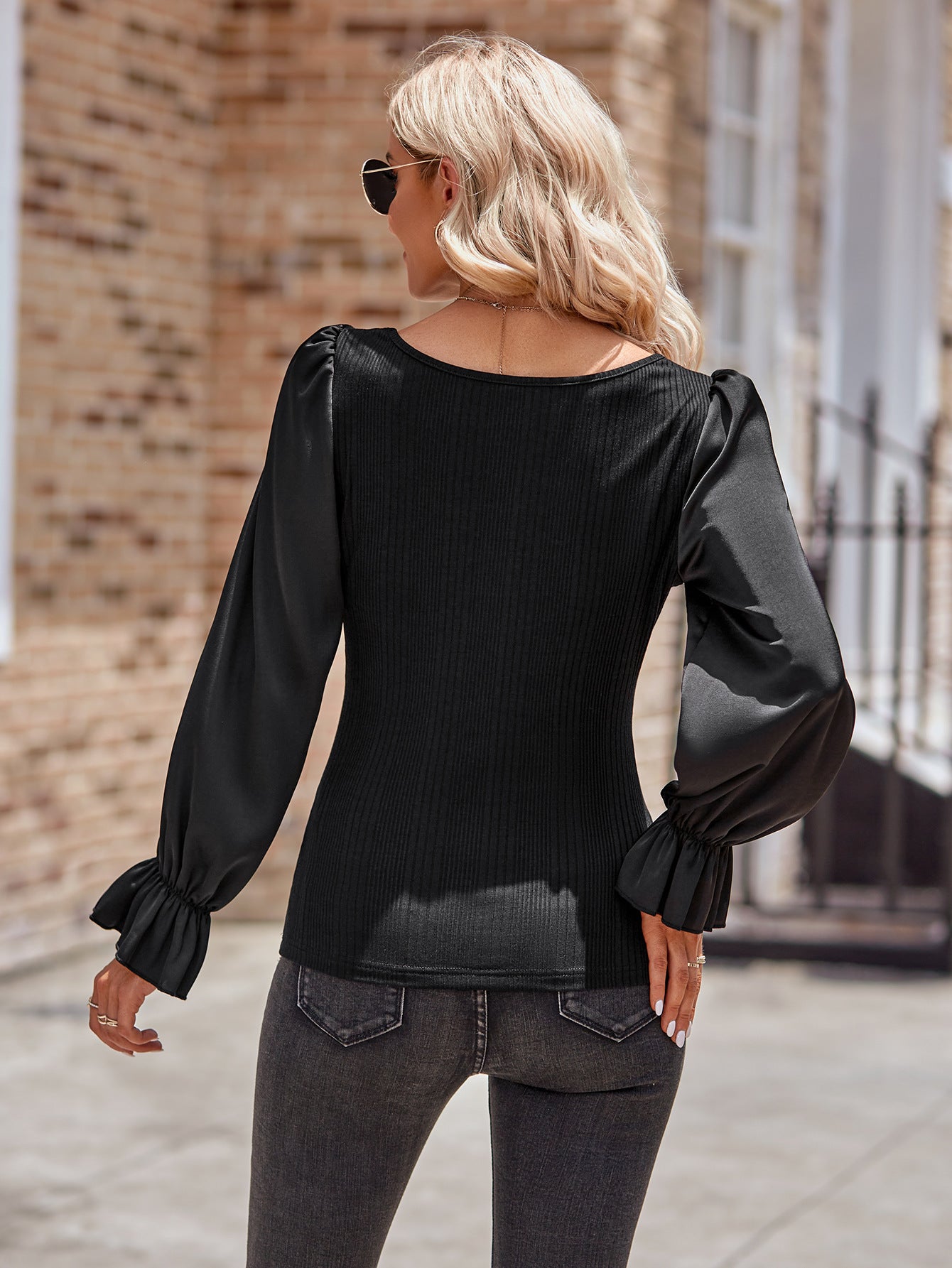 Long Flounce Sleeve Round Neck Blouse