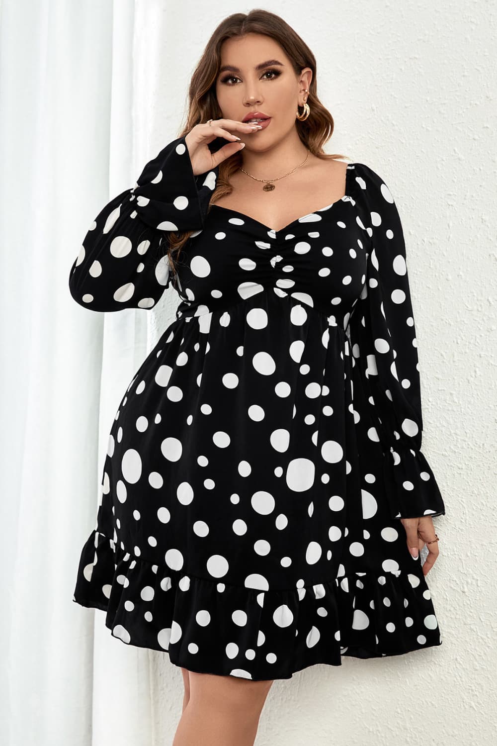 Melo Apparel Plus Size Polka Dot Sweetheart Neck Flounce Sleeve Mini Dress