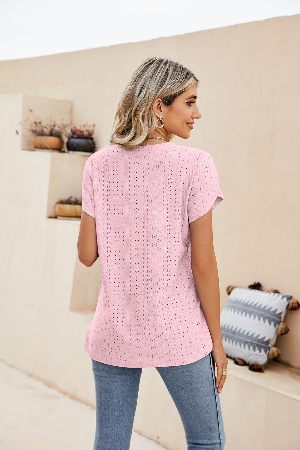 Eyelet Petal Sleeve V-Neck Knit Top