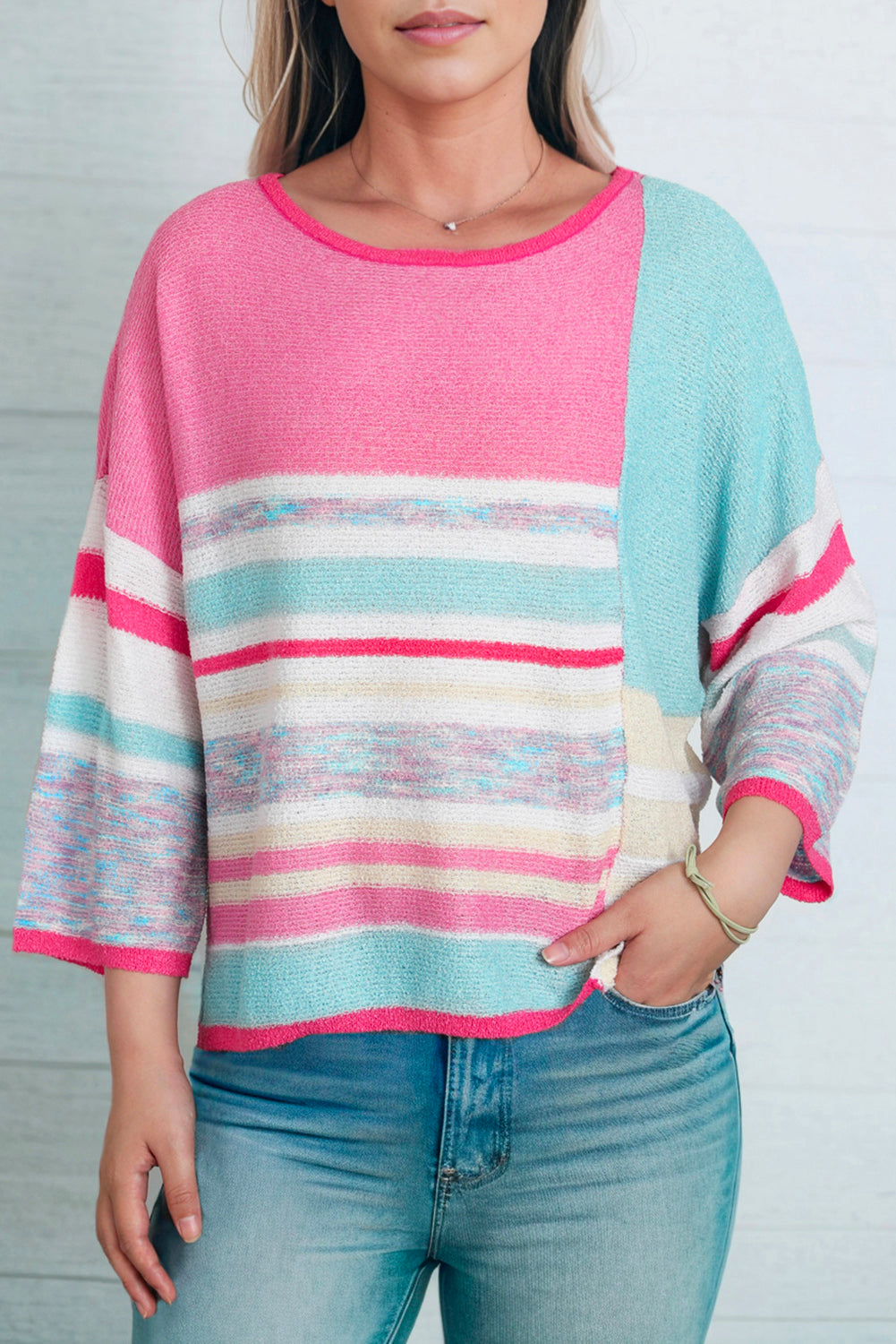 Printed Round Neck Dropped Shoulder Pullover Sweater